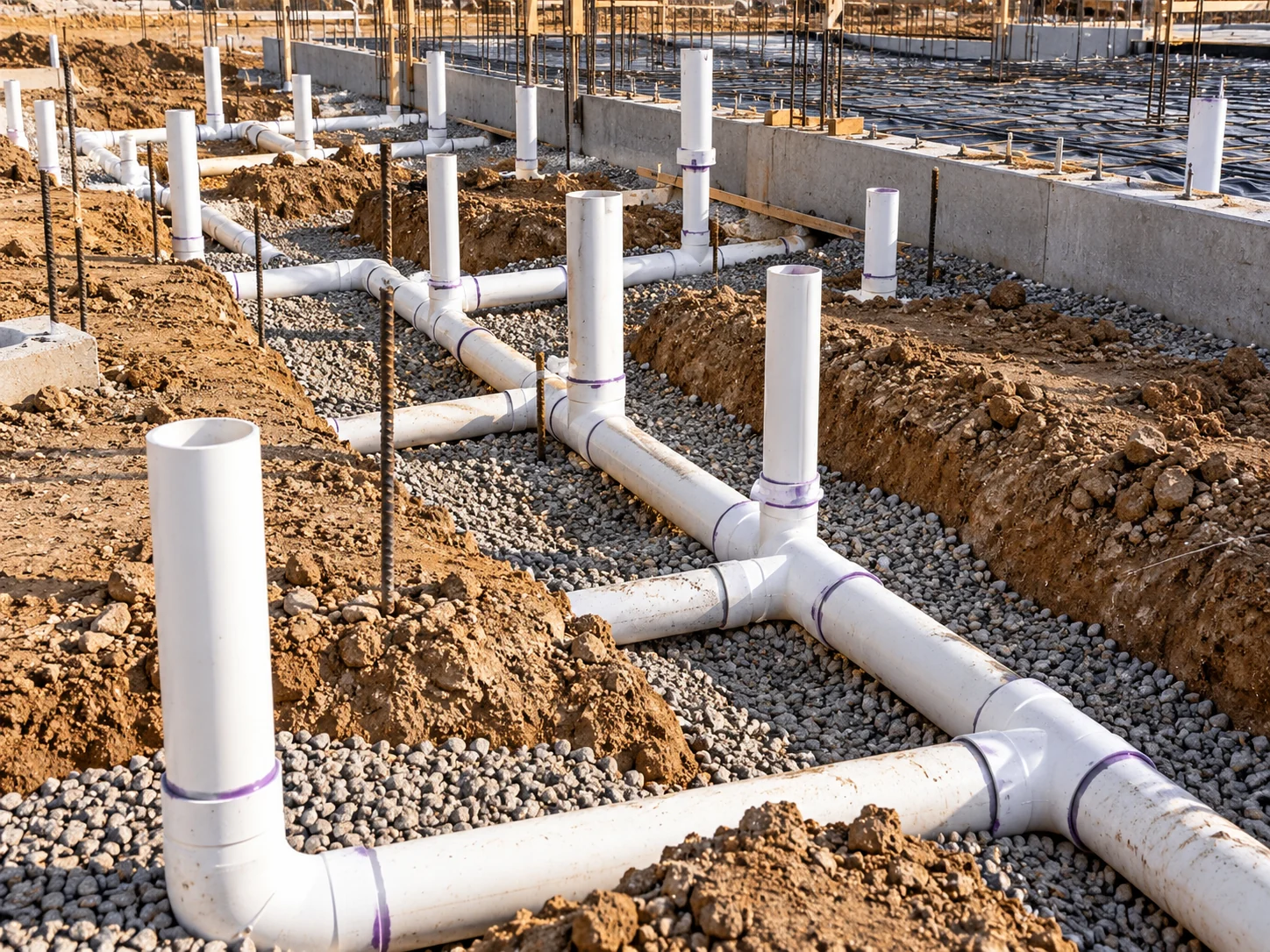 Illustrative AI-generated underground PVC piping and plumbing rough-in